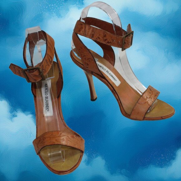 Manolo Blahnik Embossed leather Ankle Wrap Peep Toe Stiletto Sandal, Size 36.5 - Picture 2 of 9